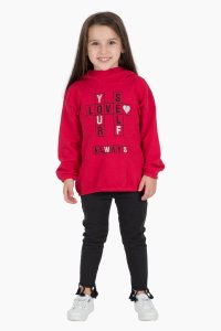 Kırmızı Renkli Kapşonlu Sweat Shirt Örme Uzun Kollu Baskılı