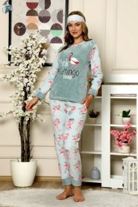 YEŞİL Kışlık Uzun Kollu Bayan Peluş Polar Pijama Takımı Ipeksi Doku